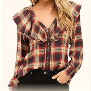 Mossimo Blue And Pink 80s Inspired Plaid Ruffle Long Sleeve Top Sz. S